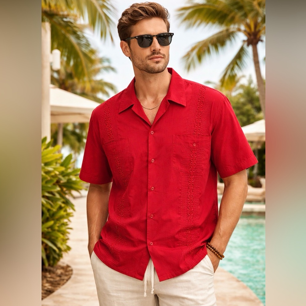 Tropicool Shirt Cuban Guayabera Sz 2xl Cigar Button Up 4 Pocket Shirt Red Resort